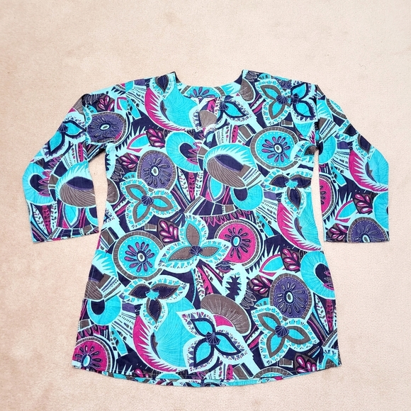 Floral Tunic Beach Cover Colorful 100% Cotton Woman's Size XL *small Tear* - Picture 4 of 9